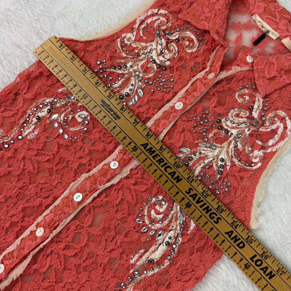 Miss Me Womens XS Coral Pink Lace Rhinestone Embellished Sleeveless Top MDT330 - Picture 7 of 8